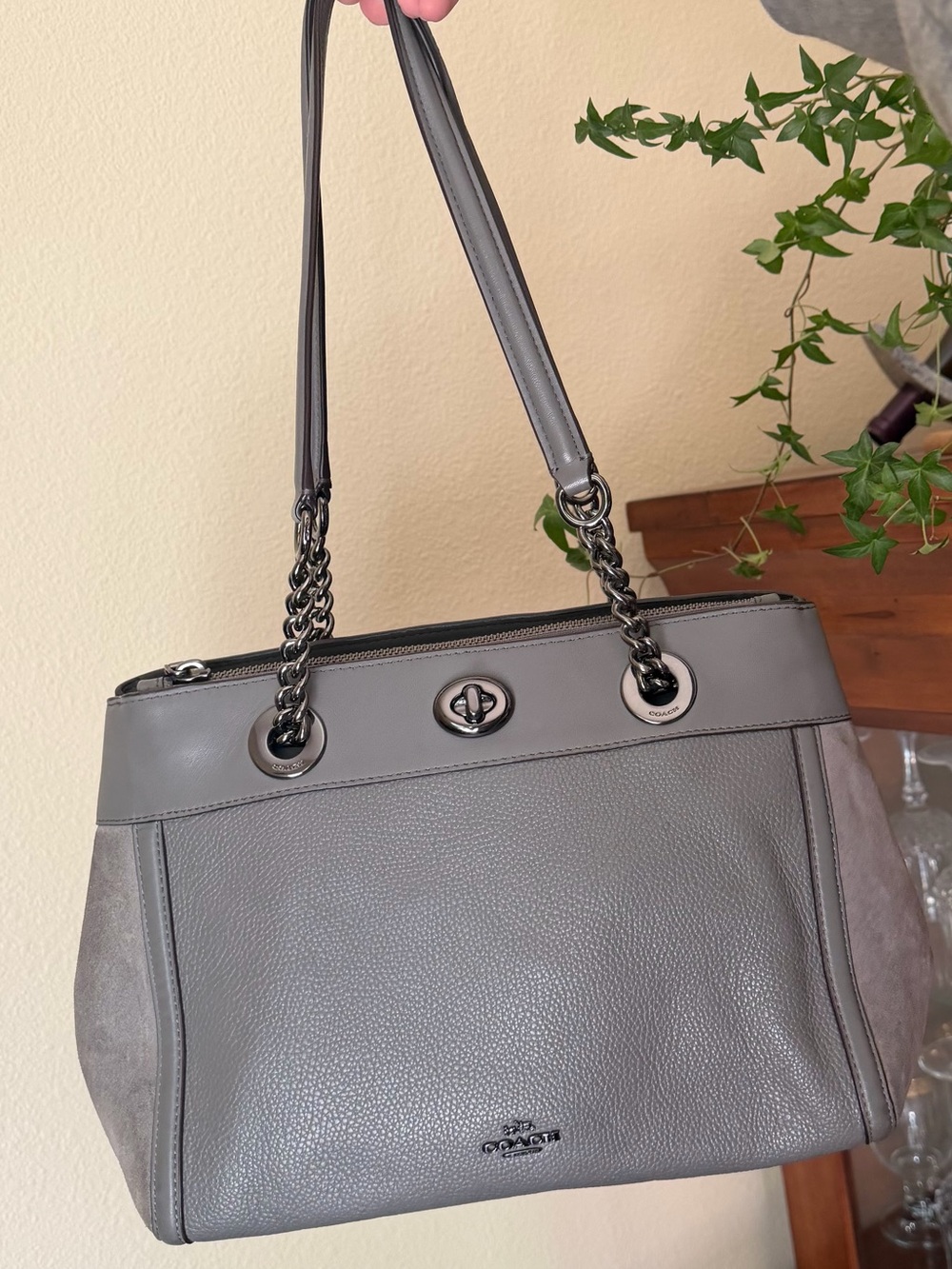 Coach Turnlock Edie Leather & Suede Carryall Bag with gun metal hardware